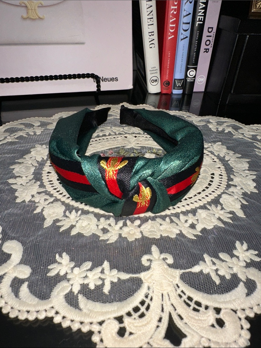 Emerald Green Satin Knotted Headband with Red and Black Stripe Detail